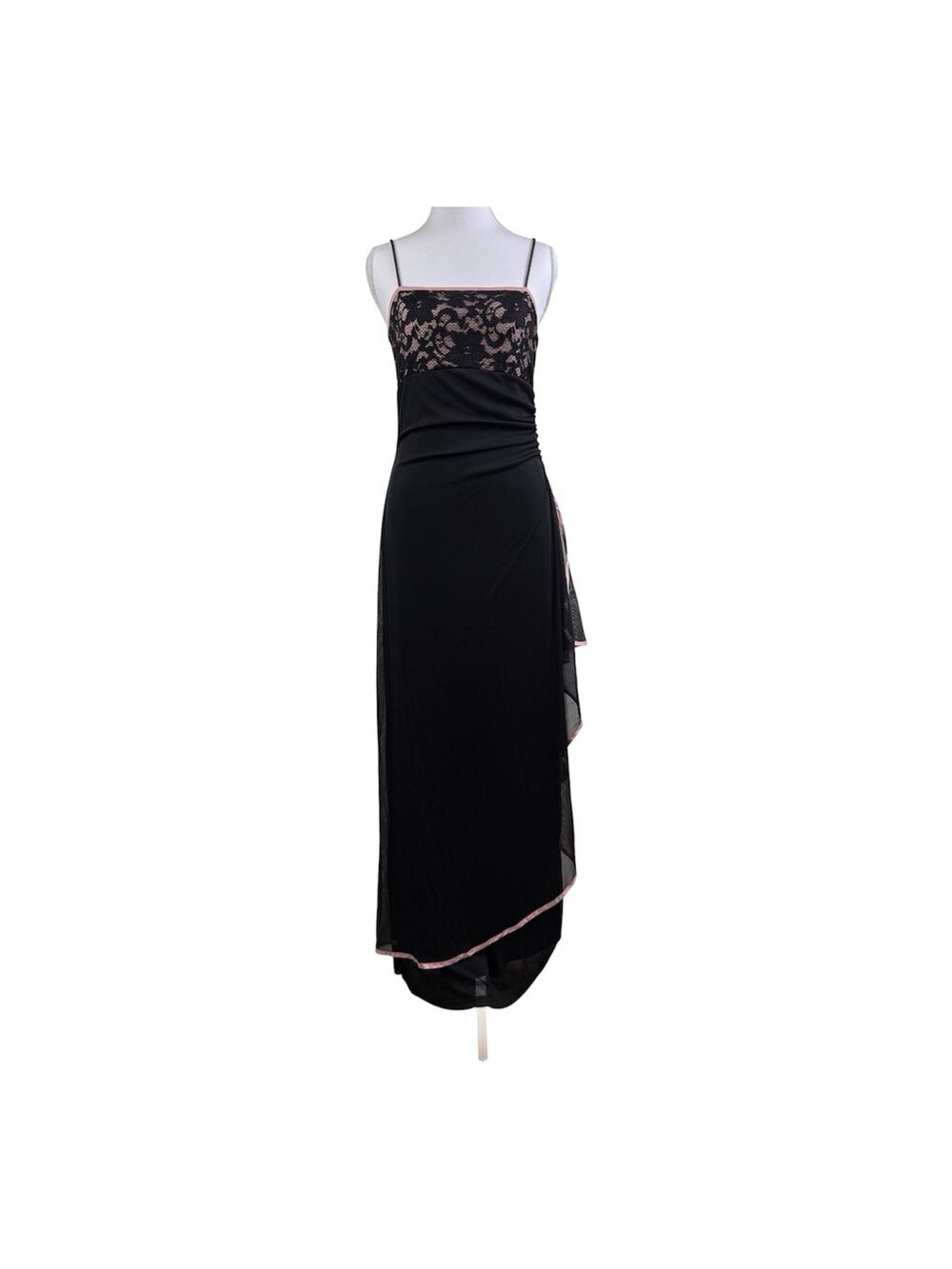 Y2K Vintage Taboo Maxi Slip Dress Medium Black Ruched Lace Layered 90s Fairycore